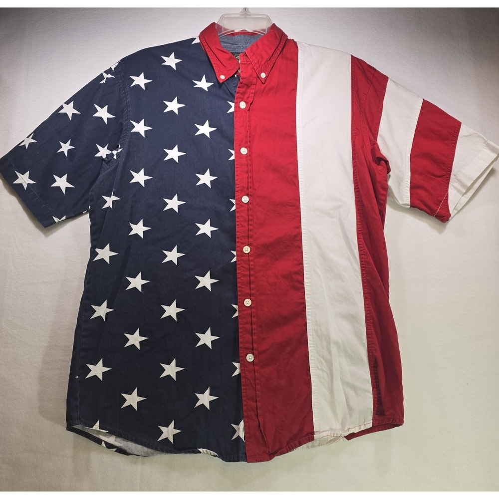 RedHead Men's American Flag USA Button Up Short Sleeve Shirt Medium
